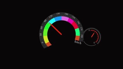Dashboard speedometer gauge animation colorful needle fuel meter car speed seamless loop motion graphics. Speedometer gauge animation dashboard colorful needle fuel meter driving technology. - Powered by Adobe