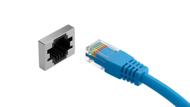 Close up of a blue ethernet network cable connector about to plug into a silver rj45 socket isolated on transparent background