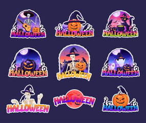 Funny and colorful Halloween  stickers set vector illustration