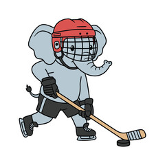 Cartoon elephant wearing hockey helmet and skates playing hockey with puck ice hockey sport