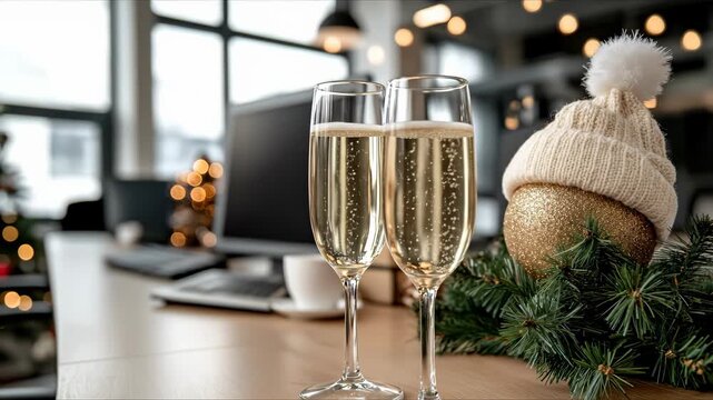 Two sparkling wine glasses stand on an office desk, ready for a corporate New Year celebration. Greenery, an ornament, and soft lights create a festive atmosphere for 2026 and 2027