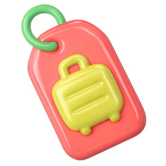 Vibrant 3D glossy pink luggage tag with bright yellow suitcase icon and green ring, depicting travel. Modern, clean illustration with radiant glow for secure, personalized baggage ID. Ideal for vacati