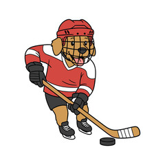 Cartoon golden retriever dog in hockey uniform playing ice hockey puppy