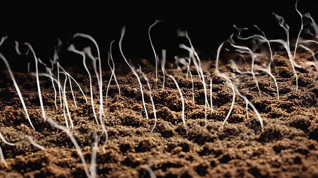 Microscopic time-lapse of delicate fungal hyphae threads growing across moist organic soil, illustrating fungal network development, decomposition processes, and soil ecosystem dynamics
