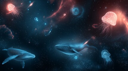 Naklejka premium Surreal cosmic ocean with glowing jellyfish drifting among stars, giant space whales swimming through galaxies, colorful nebula waves, and luminous comets crossing the cosmic sea