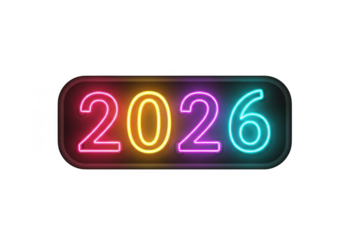 Neon sign displaying the year 2026 with vibrant, glowing colors, isolated on transparent background grainy