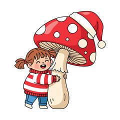 Cute cartoon girl hugging a red mushroom with Santa hat child