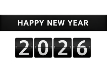 Retro flipstyle scoreboard displaying the year 2026 with happy new year text above, isolated on transparent background grainy