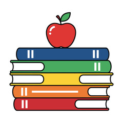Stack of colorful books with red apple on top pile