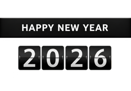Retro flipstyle scoreboard displaying the year 2026 with happy new year text above, isolated on transparent background grainy