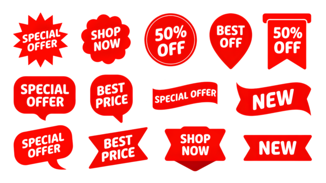 Collection of red sale and discount tags and labels with special offer best price shop now and new text isolated on transparent background