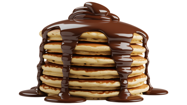 Tall stack of fluffy golden pancakes generously drizzled with rich dark chocolate sauce isolated on transparent background