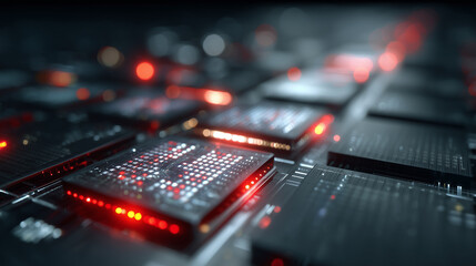 An AI vision system scanning a microchip production line, identifying a microscopic defect with a red light.
