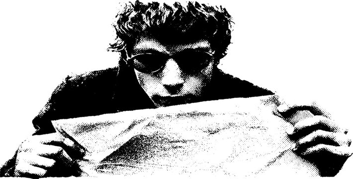 Grunge effect portrait with folded poster in high contrast black and white