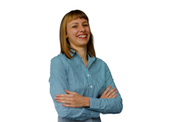 Smiling businesswoman posing with crossed arms feeling confident and successful on transparent background