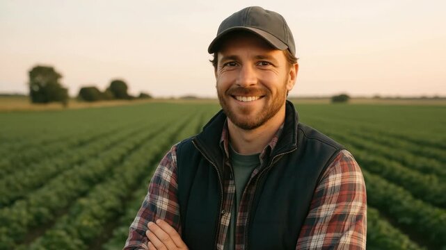 A smiling farmer stands confidently in a lush field at sunset. The video captures a close-up angle, highlighting the rural landscape and serene ambiance.