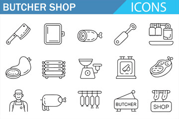Butcher Tools and Meat Icons in Line Drawing Style – Professional Equipment and Shop Symbols