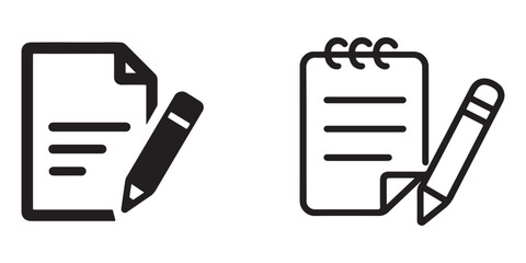 Black and white icon illustration of a notepad and a pencil