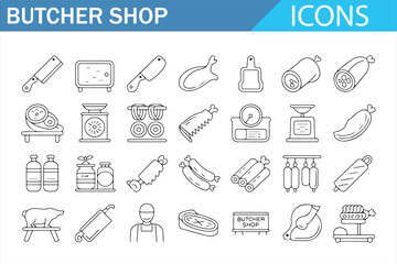 Butcher Shop Line Art Icons Set – Minimalist Illustrations for Meat Processing and Kitchen Tools