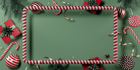 Christmas candy cane frame with gifts and decorations on green background. 3d rendering