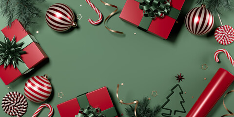 Christmas presents and festive decorations arranged on a green background for the holiday season....