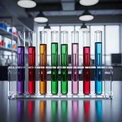 Colorful test tubes filled with various liquids in a laboratory setting
