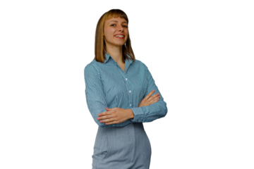 Confident businesswoman smiling with arms crossed, portraying professionalism and success on transparent background