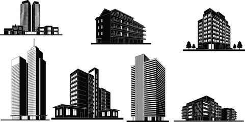 Modern city building silhouette collection, black vector illustration of urban architecture with skyscrapers, apartments, and office towers for design use