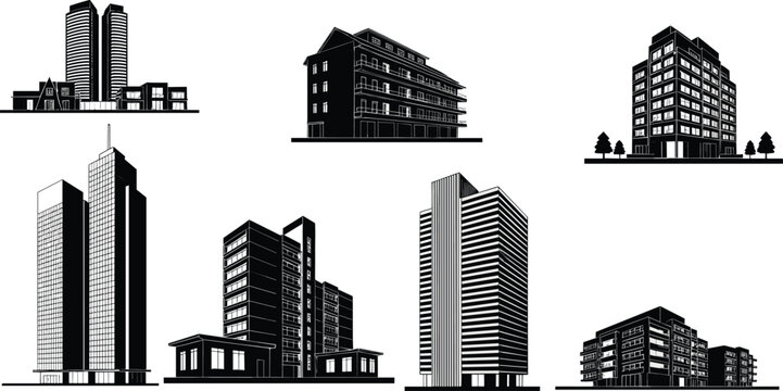 Modern city building silhouette collection, black vector illustration of urban architecture with skyscrapers, apartments, and office towers for design use