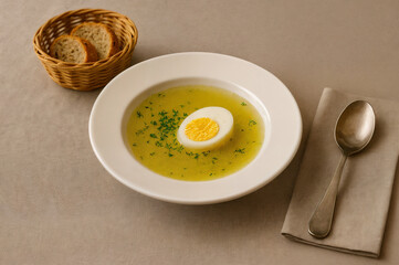Chicken broth with boiled egg and herbs in elegant restaurant serving