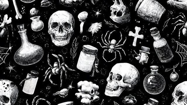 A seamless repeating pattern of hand-drawn Halloween and occult motifs, including skulls, spiders, bones, and potion bottles in black and white engraving style. Ideal for gothic and vintage horror