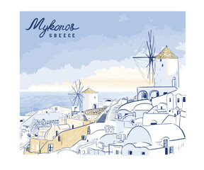 Mykonos Greece hand drawn vector art, European summer vacation destination, Greek island landscape artwork for t shirt, poster, graphic print