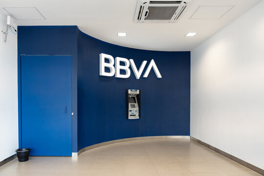 Interior of BBVA (Banco Bilbao Vizcaya Argentaria) in Mexico, showing ATM (Automated Teller Machine). Guadalajara, Jalisco, Mexico, October 13, 2025.