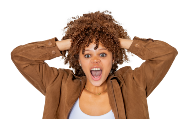young woman with afro hair isolated on background screaming furiously