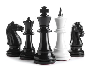 A closeup shows chess pieces, including the king, queen, and knights, arranged on a white background