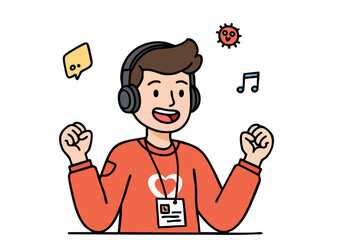 enthusiastic  man wearing lanyard and  celebrates game development He-s surrounded by musical notes a headset and a gear icon conveying excitement and passion Bright modern illustration