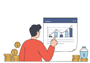 man analyzes a chart progress goal on a computer screen He points showcasing growth Coins and money are visible suggesting financial success Modern professional illustration