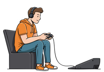 A young man enjoys game play thrill, seated with a controller and headset. Modern, vibrant illustration with a focused expression. Ideal for gaming, entertainment, and tech themes.