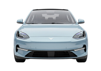 Fototapeta premium Isolated sky-blue electric sedan facing front, car on display, vehicle on a seamless background