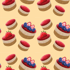 Colorful Hand drawn cake , Cute sweets pattern. Cartoon seamless vector print with kawaii sweet food. ector pastry seamless pattern with cakes, pies, tarts,cheesecake with chocolate and strawberry top