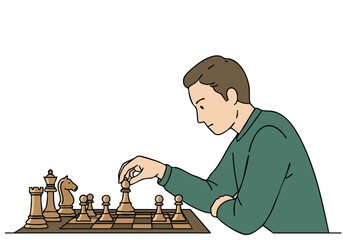 A young man contemplates a chess board, showcasing 'Chess Skill' ? a thoughtful pose with a strategic focus. Clean lines and muted tones create a modern illustration.