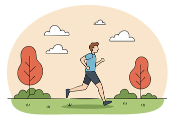A man runs outdoors on a sunny day, surrounded by trees and a green landscape. A vibrant and active lifestyle scene.