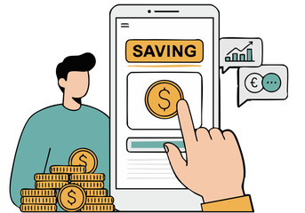 A man uses a smartphone app to track savings, surrounded by money icons and growth charts. Modern, digital finance illustration. Great for financial apps and investment concepts.