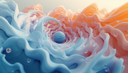 Formas fluidas en un mundo de color pastel que evocan serenidad y belleza en un paisaje abstracto iluminado por luz suave