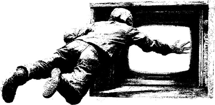 Surreal black and white image of a climber reaching through frame