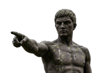 Isolated Statue of a strong man, weathered surface, pointing forward, granite, mossy