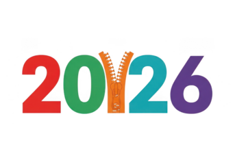 Colorful numbers 2026 with a zipper in the middle, isolated on transparent background grainy