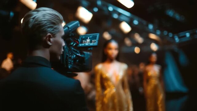 A video director filming a luxury fashion show at Milan Fashion Week, coordinating camera crews, managing live feed angles, surrounded by models and stylists behind-the-scenes, cin