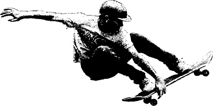 Dynamic black and white skateboard silhouette design for posters and apparel
