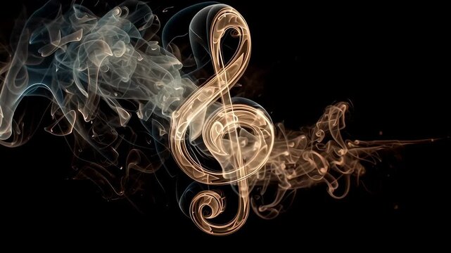 Artistic Treble Clef Design with Smoke Trails Creating Unique Shapes on a Dark Background
